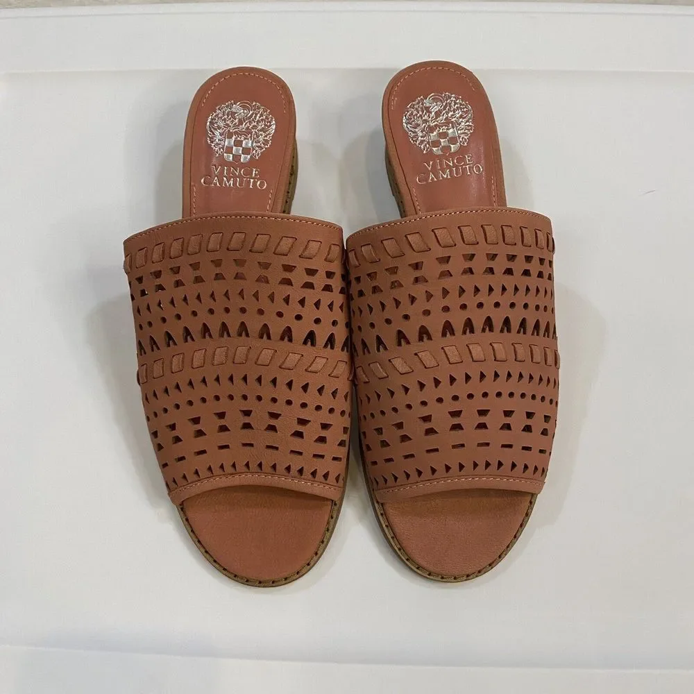 Vince‎ Camuto Leather Wedge Slide Wide Sandals Sushi 8 Wide NWOT